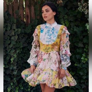 HEMANT & NANDITA Embroidered Yellow Pink Floral sheer Ruffle Dress